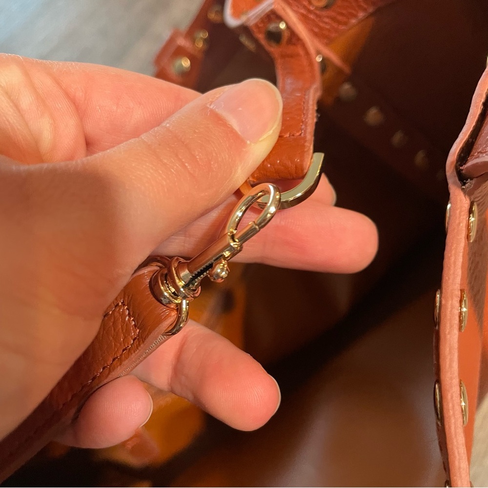 LAGGO Remy Cognac Tan Leather Studded Tassel Tote Bag - Picture 13 of 15